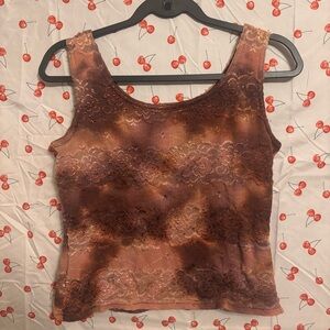 Lace Overlay Brown Tie-Dye Women's Top